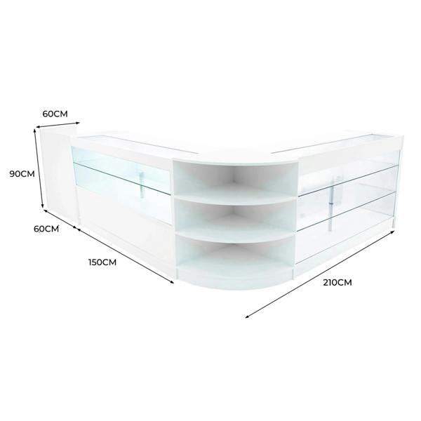 Curved white LED shop counter set with glass display shelves, measuring 210cm wide, 90cm high, and 60cm deep, ideal for retail use