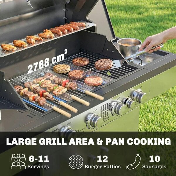 Bobobiy 4+1 Burner Gas BBQ Grill, Portable Gas Barbecue Grill with Side Burner, Warming Rack, Side Shelf, Storage Cabinet