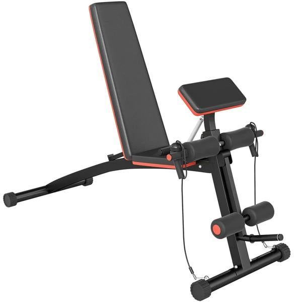 Foldable adjustable weight bench with red trim, black pads and leg rollers, resistance bands