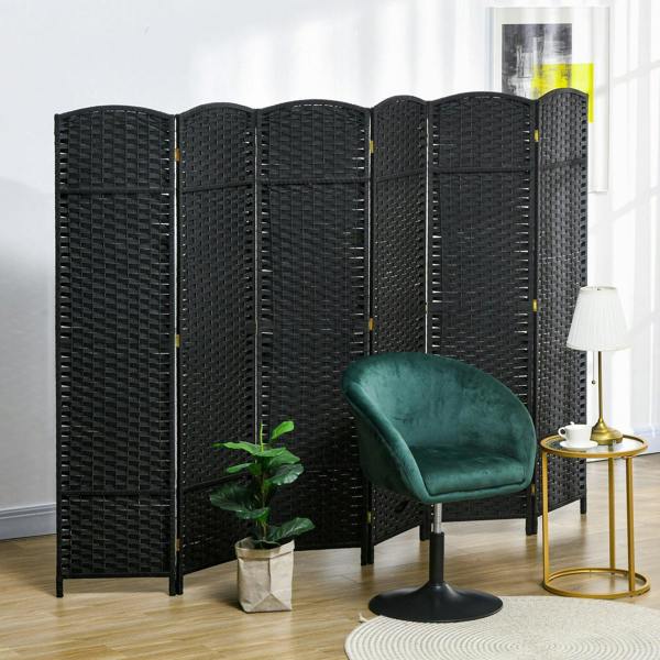 Black 6-panel folding room divider privacy screen with arched top and mesh panel texture