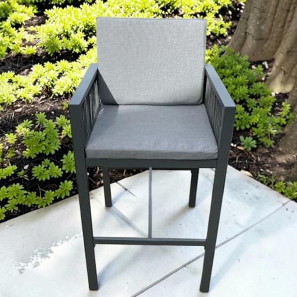 The Garden Marketplace Monaco 4 Seater Tall Garden Bar Table & Stool Set – Grey Powder-Coated Aluminium, Glass Top (140 x 70cm) with Cushions