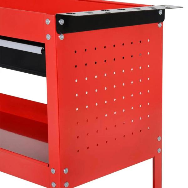 Red tool trolley cart side panel with evenly spaced perforation holes and corner bolts