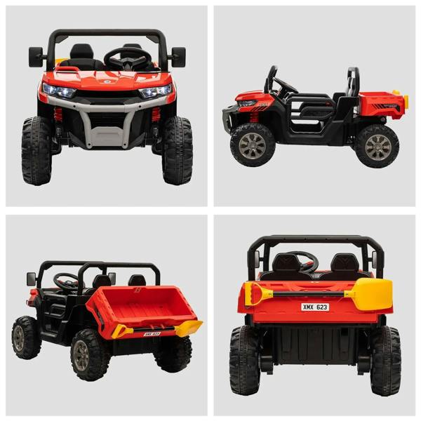 Red two-seat kids electric ride-on car set with front, side, and electric bucket views