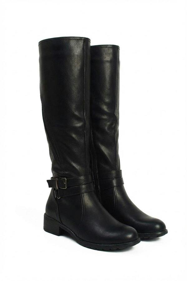 Nina Faux Leather Buckle Knee High Boots - Black_wb
