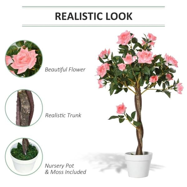 Artificial pink rose plant with textured brown trunk and green foliage in white pot