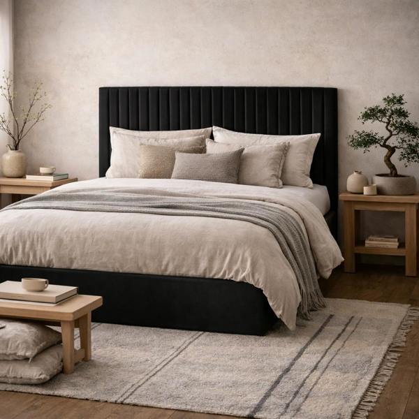 Wyld Haus Dublin Black Upholstered 6ft Super King Size Ottoman Bed Tall Ribbed Headboard