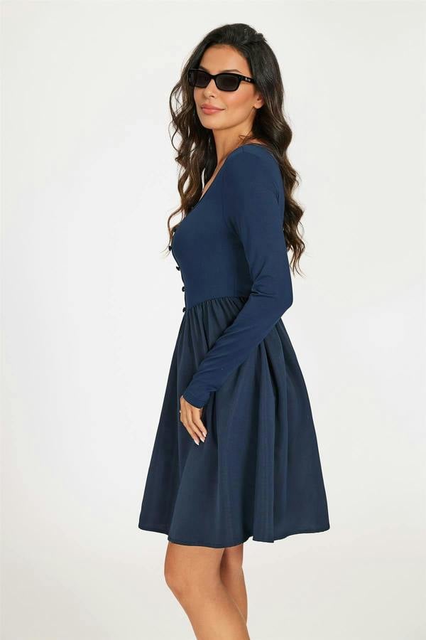 FS Collection Square Neck Button Detail Long Sleeve Mini Dress In Navy