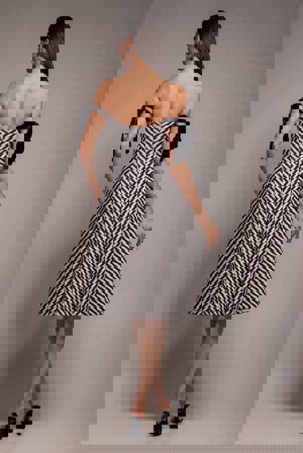 Diagonal Stripe Velvet Bow A Line Midi Dress - Black White DR5050