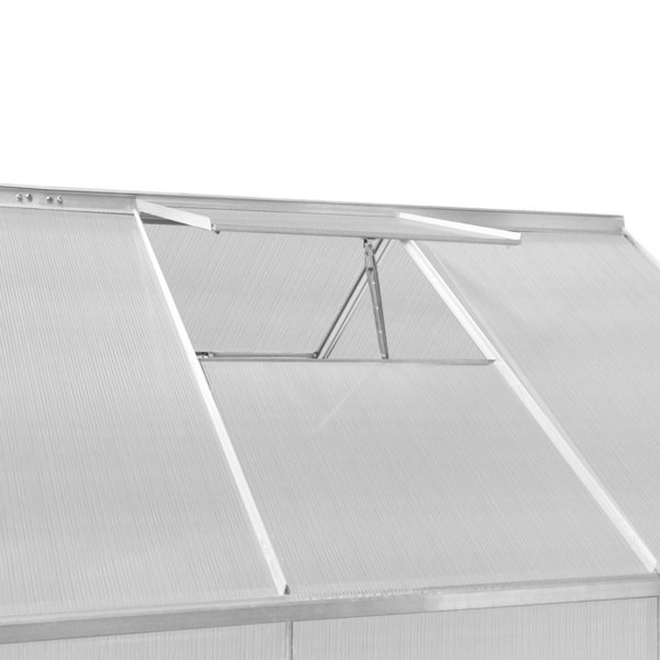 Silver polycarbonate greenhouse roof with adjustable vent, showcasing durable panels and sleek design for optimal ventilation