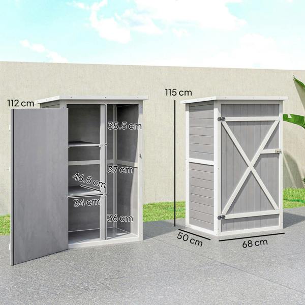 Grey wooden small shed with open door, shelves visible, front dimensions shown