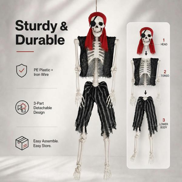 Yezi Halloween Skeleton Life Size Pirate Decor 166cm PE Plastic White