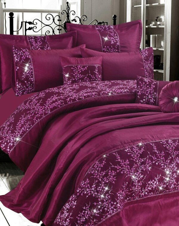 Night Zone Gigi Embroidered Sparkle Duvet Cover Set – Glamour Polyester Bedding with Pillowcases - Plum