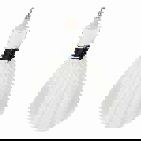 Morgan dress in white with navy sash on mannequin