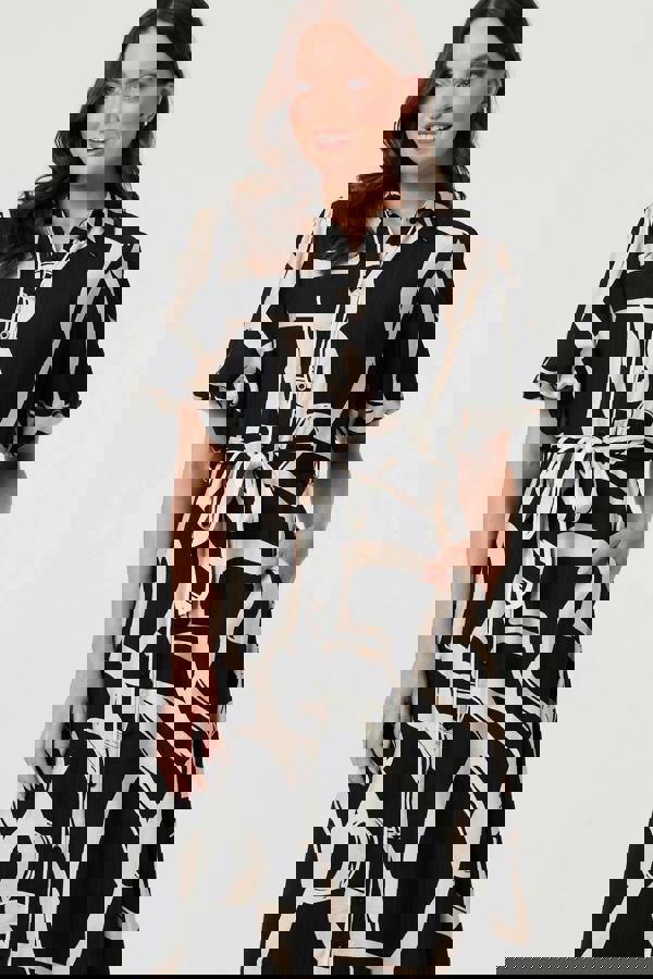 Black | Geo Print Puff Sleeve Tie Midi Dress