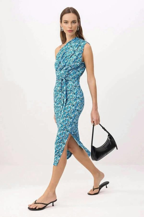 WOVCOR Printed Fitted One-Shoulder Asymmetrical V-Neck Pencil Dress