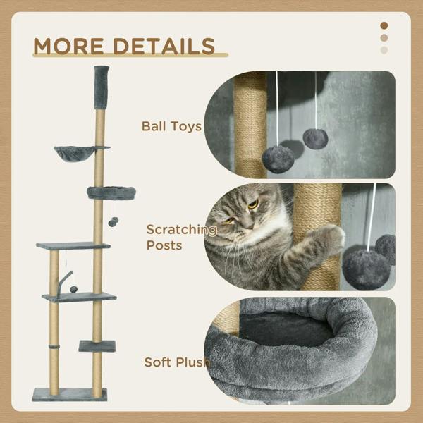 Grey cat tree tower showing ball toy, scratching posts, and soft plush hammock bed