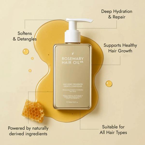 Rosemary hair oil, hair honey, pro-keratin growth, conditioner, hydrating, nourishing, honey, argan oil, sweet almond oil, vitamin E, frizz, dryness, breakage, natural, protect, healthy hair, growth, hair growth, 200ml