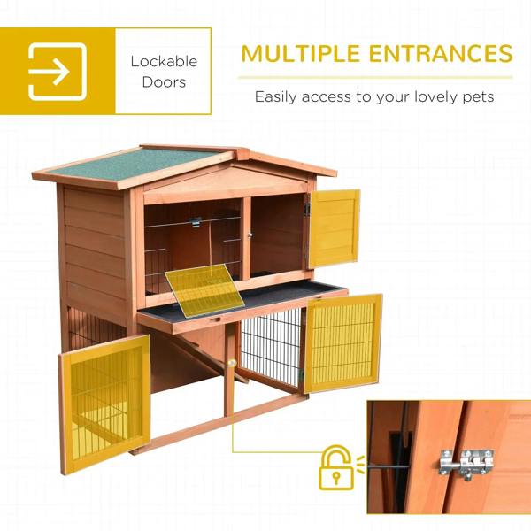 Outdoor rabbit hutch with multiple entrances, lockable doors, and hinged side panels
