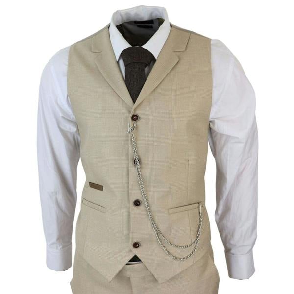 TruClothing Men's 3 Piece Cream Prince Of Wales Check Suit