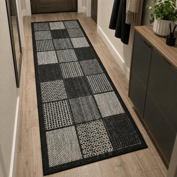 Viva Rugs Black Grey Check Runner Rug Non-Slip Flat Weave Kitchen Hallway Carpet