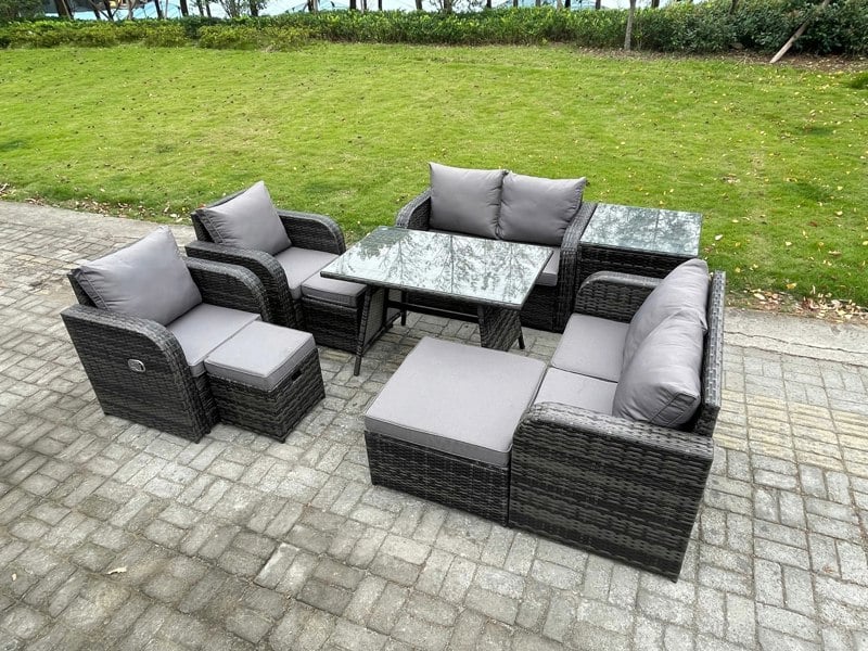Fimous 9 Seater Wicker PE Rattan Garden Dining Set Outdoor Furniture Sofa with Rectangular Dining Table Side Table 3 Footstools Dark Grey Mixed