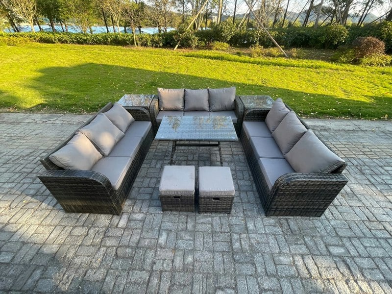 Fimous 11-Seater Dark Grey Rattan Outdoor Lounge Set | Rectangular Dining Table, 2 Side Tables, 2 Footstools