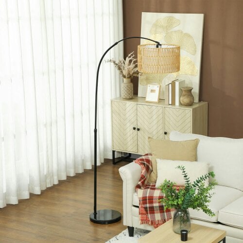 Wyld Haus Limo Natural Rattan Black Metal Adjustable Floor Lamp With Dual Layer Shade