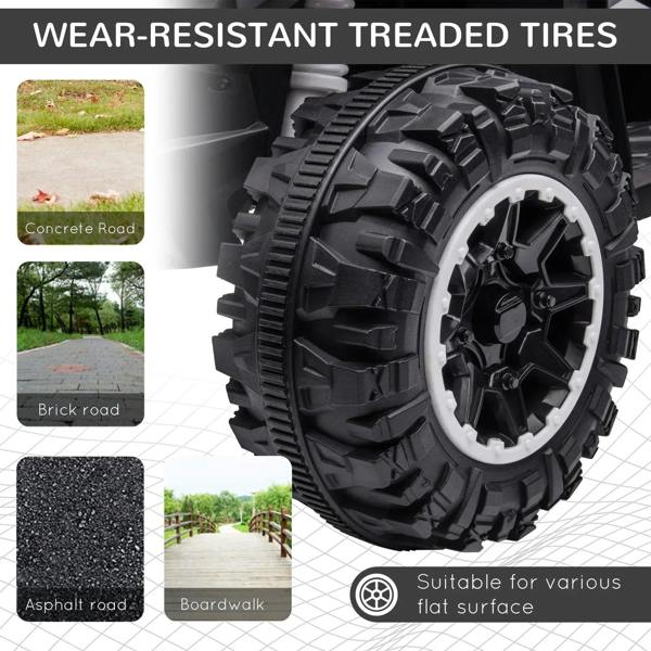 Wear-resistant treaded tires on a white kids electric quad bike