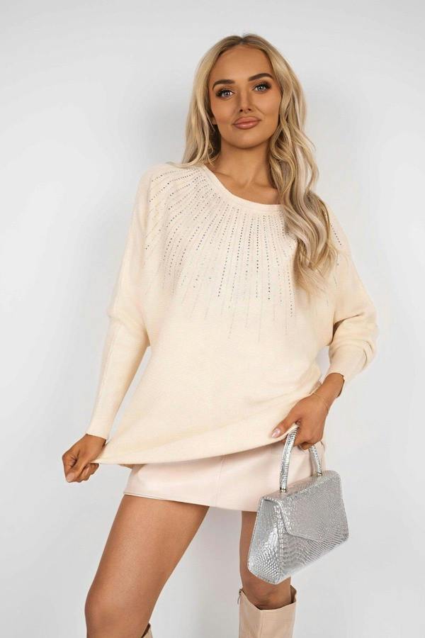 Haisley Long Sleeve Knitted Jumper With Embellished Neckline - Beige