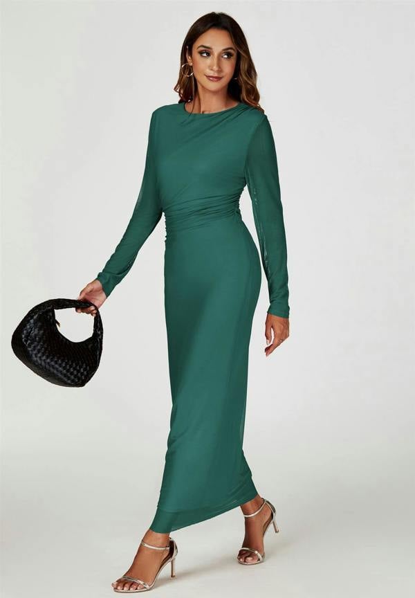 FS Collection Long Sleeves Mesh Maxi Dress In Green