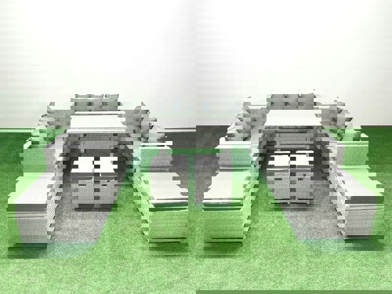 Fimous Rattan Garden Furniture Dining Set 13 Seater Lounge Sofa Dining Table Set with 4 Footstools Light Grey Mixed