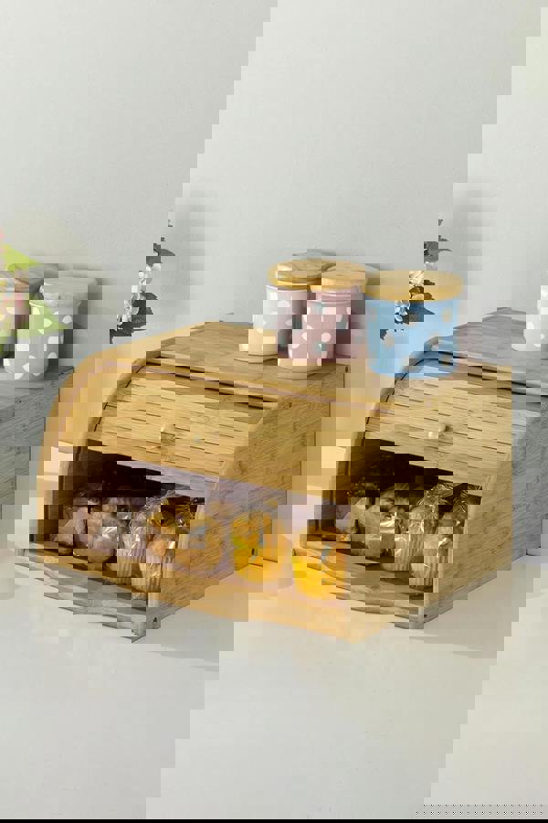 Living and Home Wooden Roll Top Bread Bin Box Food Storage Box