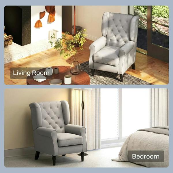 Light grey wingback armchair with button-tufted back and dark legs