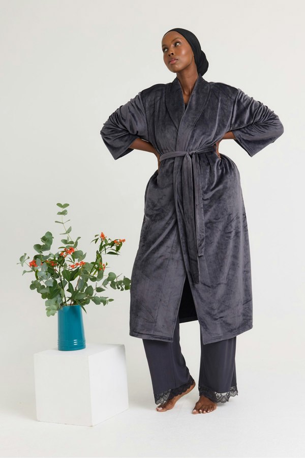 Velour Longline Dressing Gown in Raven - Robes