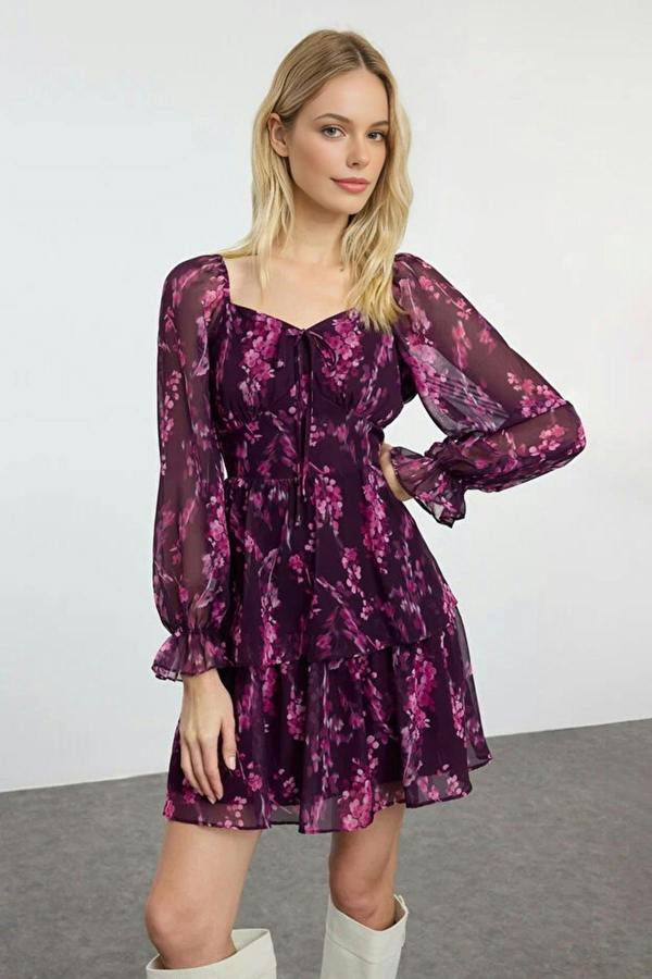 WOVCOR Ruffled Mini Lined Chiffon Woven Dress