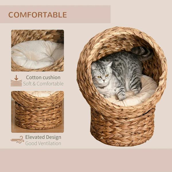 Rattan wicker raised cat bed with light cushion, domed opening and woven basket design