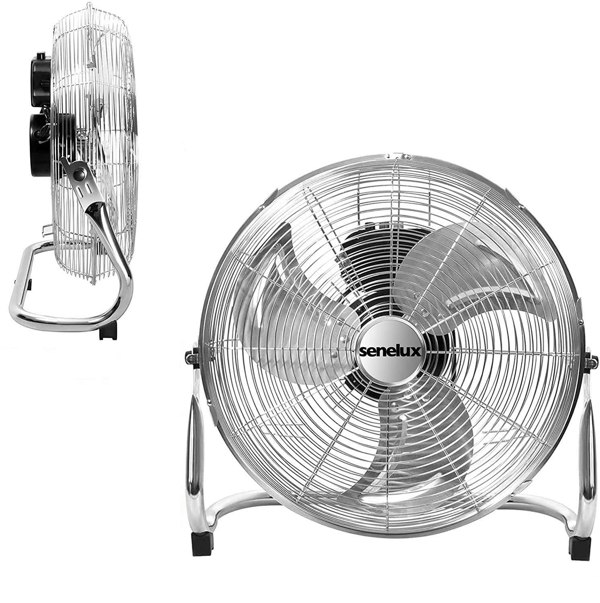 A two in one picture of a Senelux floor fan showing the polished steel fan from the side and from the front