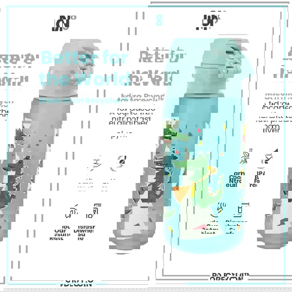 A light-blue water bottle, featuring cartoon crocodiles, sits against a white background. It's made from a plant-based polymer, BPA-free, dishwasher safe, odor resistant, and carbon neutral.