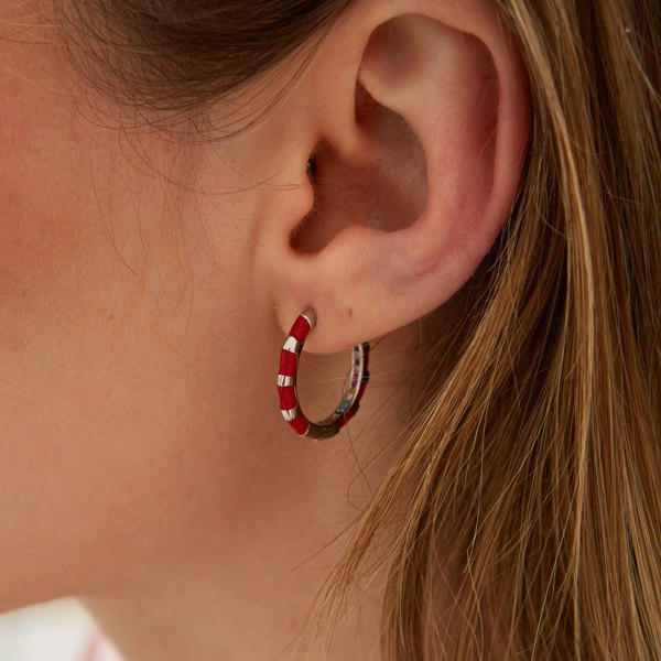 Spero London Enamel Red Fine Stripe Sterling Silver Hoop Earrings With Multi Color Zirconia Interior