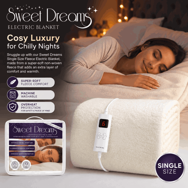 Sweet Dreams Luxury Fleece Electric Blanket Single Size, Machine Washable Underblanket, Digital Control, Overheat Protection