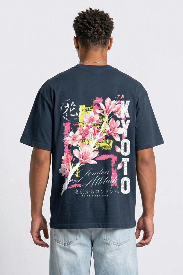 London Attitude Japanese Blossom Oversized Heavyweight T-Shirt - Blue Dusk