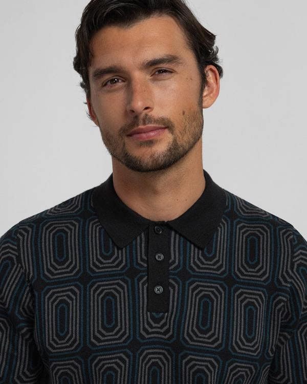 Steel & Jelly Kelsall - Retro Print Knitted Polo Shirt