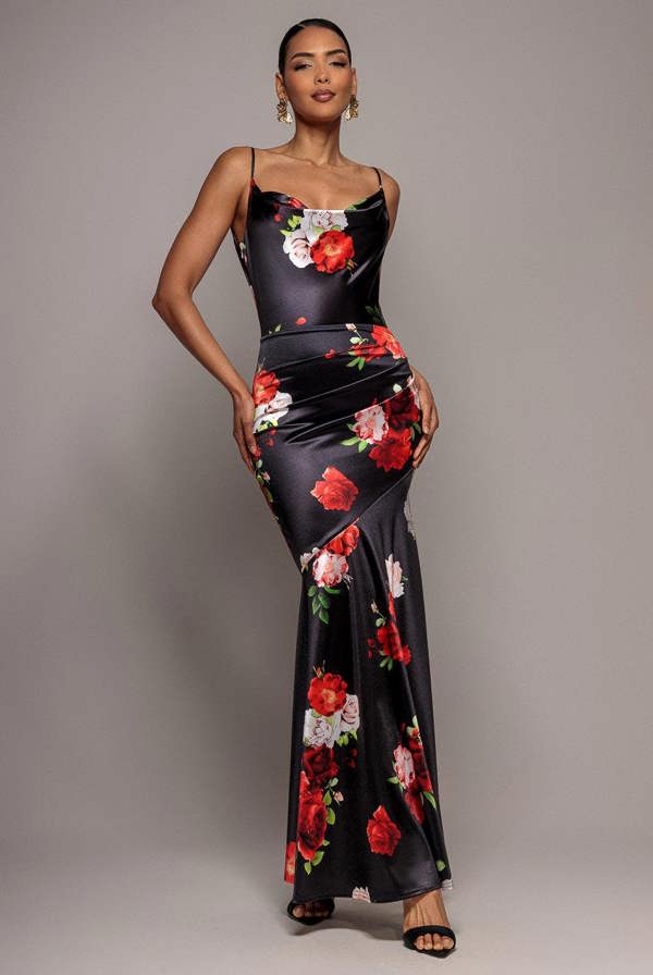 Floral Print Satin Cowl Neck Maxi Dress - Black DR5191
