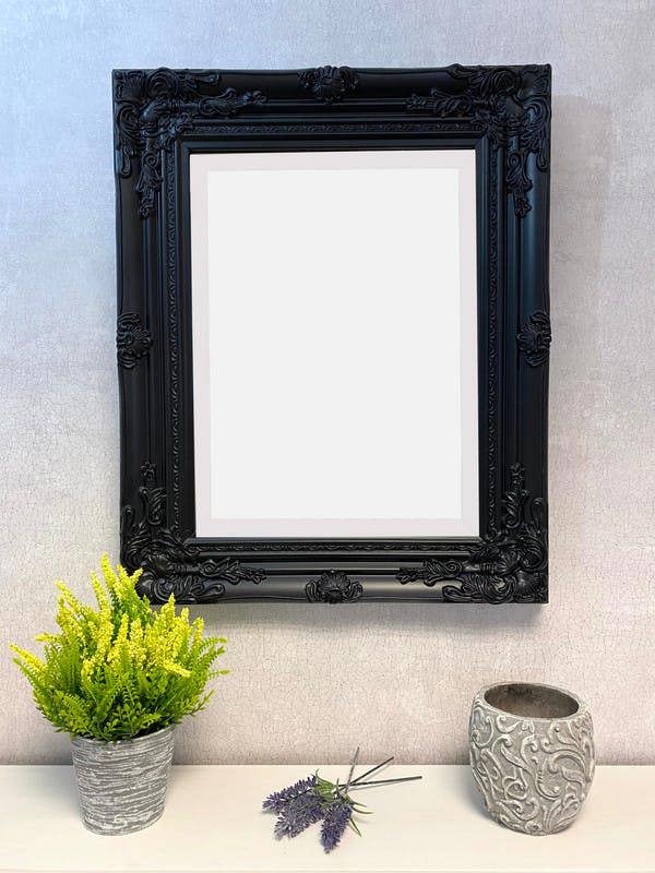 Antique Style Black Wood Frame Wall Mirror with Bevelled Glass 53cm x 43cm