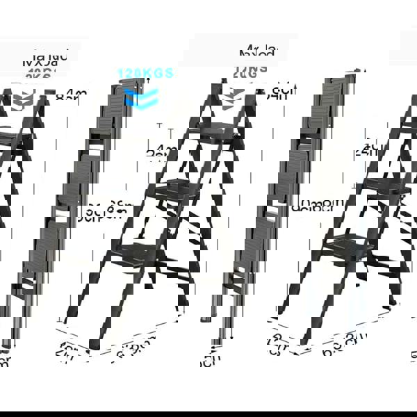 Gr8 Home 3 Step Ladder Black Folding Stool Non Slip Heavy Duty Carbon Steel Lightweight