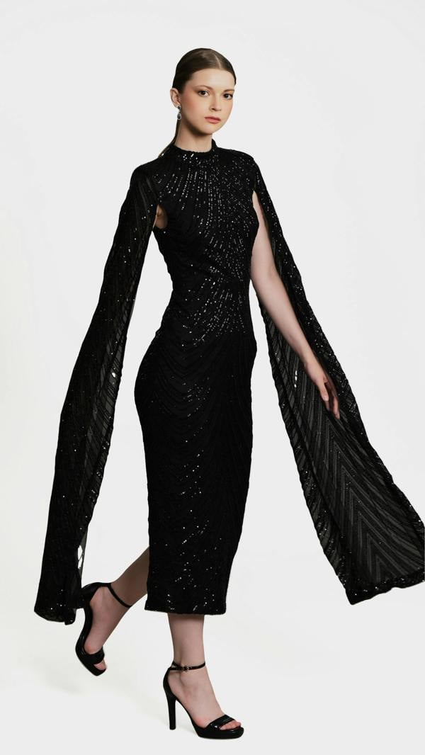 LuvForever Erinna - Black Cape Sleeve Sequin Midi Dress