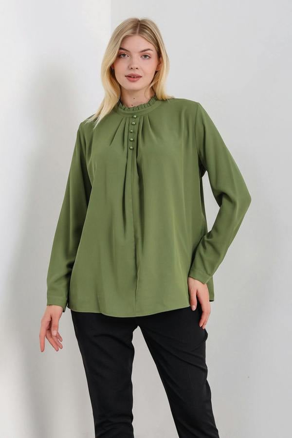 Hoxton Gal Oversized Ruffle Neck Top with Long Sleeves in Khaki