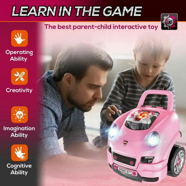 Pink toy truck car with front lights on while parent and child play together indoors.