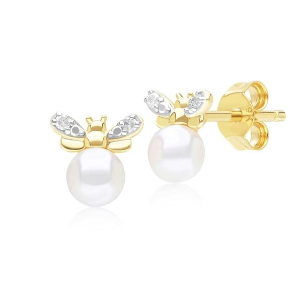 Honeycomb Inspired Pearl and Diamond Bee Stud Earrings in 9ct Yellow Gold Front  135E1871019