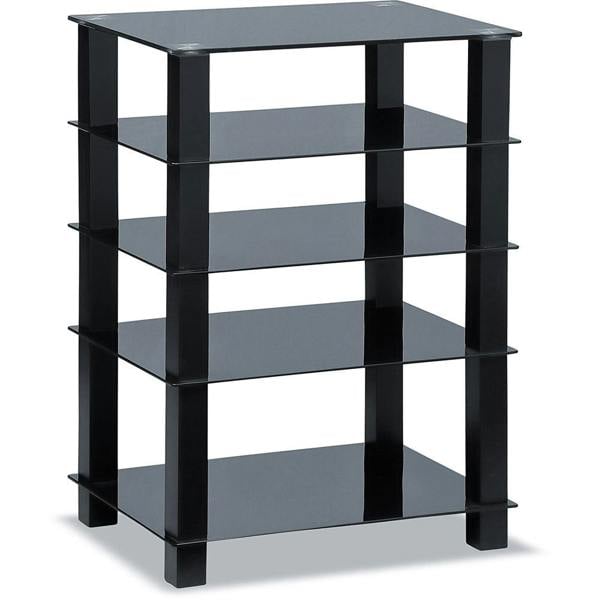 Homeology TRINITY Gloss Black 5 Shelf with Black Legs Flat Screen TV Rack Glass Stand